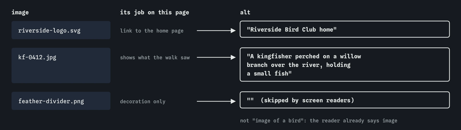 Three images on the kingfisher walk page. The logo link gets Riverside Bird Club home, the photo gets a kingfisher perched on a willow branch holding a small fish, and the feather divider gets empty alt.