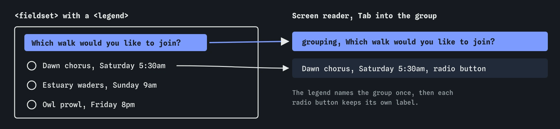 A fieldset on the bird walk form with the legend Which walk would you like to join? and three radio buttons. The screen reader announces grouping, Which walk would you like to join?, then Dawn chorus, Saturday 5:30am, radio button.