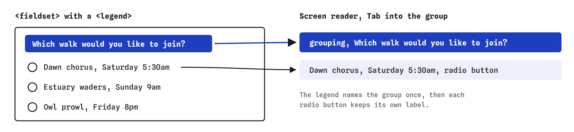 A fieldset on the bird walk form with the legend Which walk would you like to join? and three radio buttons. The screen reader announces grouping, Which walk would you like to join?, then Dawn chorus, Saturday 5:30am, radio button.
