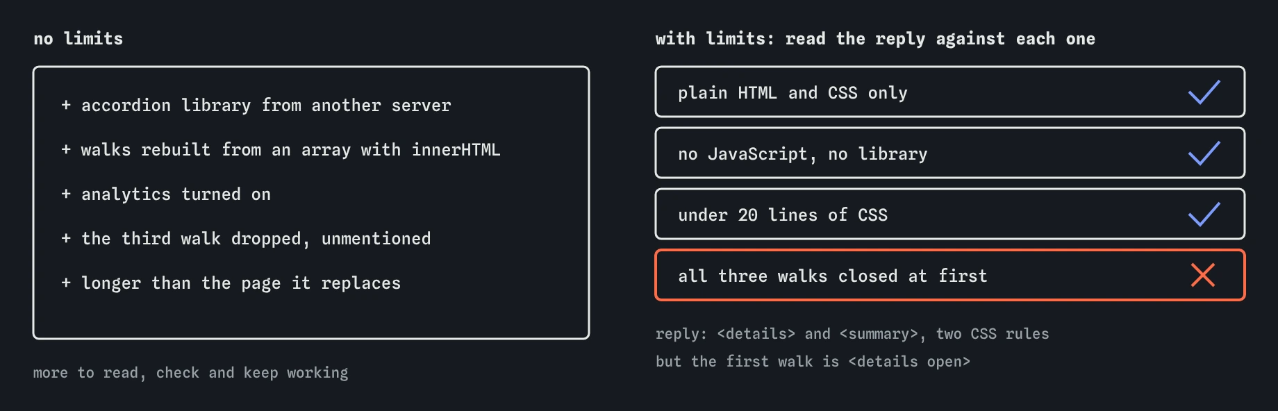 Without limits, the bird club walks reply adds an accordion library, innerHTML, analytics and drops a walk. With limits, the details and summary reply keeps three limits but leaves the first walk open.