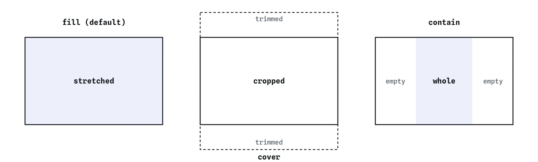 A tall photo placed in a wide box three ways: fill stretches it, cover fills the box and crops the top and bottom, contain shows the whole photo with empty bands at the sides