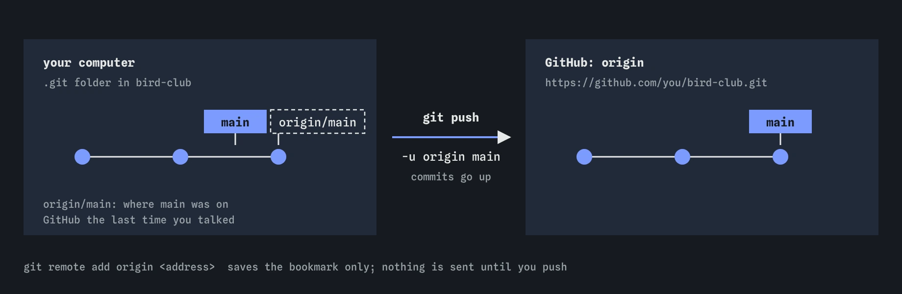 Two repositories with the same three commits: the bird-club repository on your computer, with main and a dashed origin/main label, and GitHub's origin at github.com/you/bird-club.git with main. git push -u origin main sends commits across.