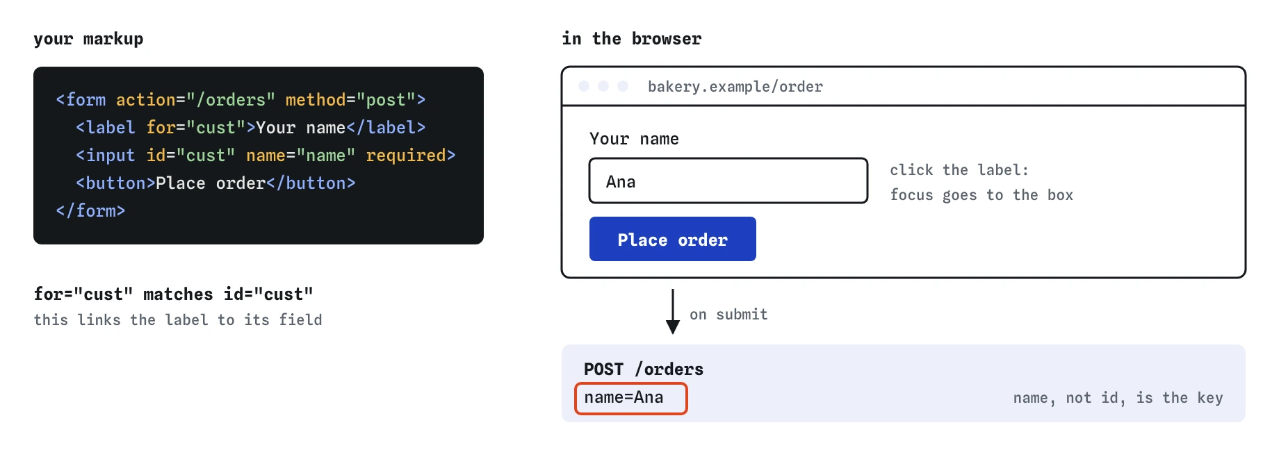 A bakery order form: a label Your name tied to an input by for and id, and a Place order button. Typing Ana and submitting sends POST /orders with the pair name=Ana.