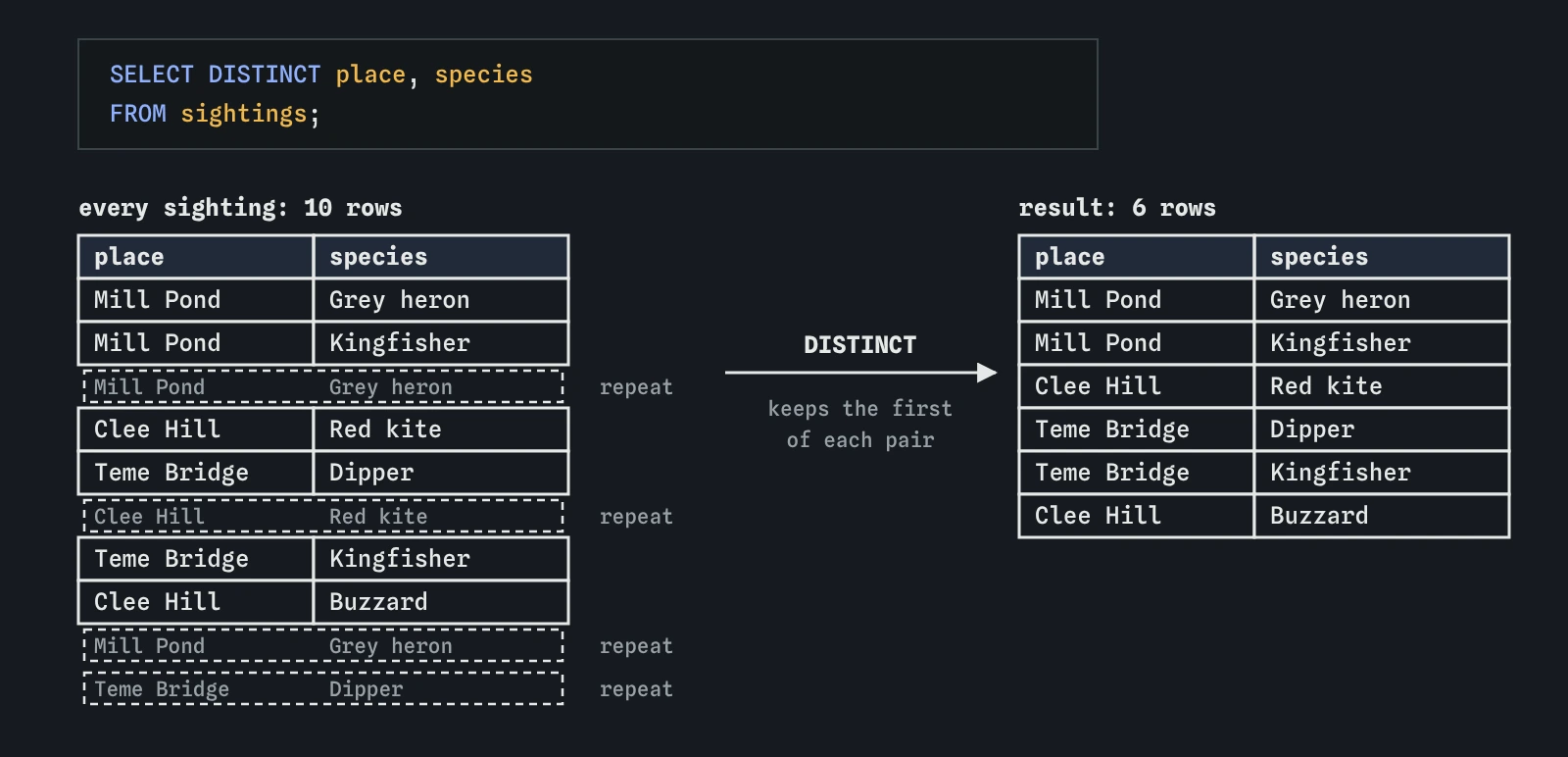 Ten sightings listed as place and species pairs. Repeated pairs, such as Grey heron at Mill Pond twice more, are faded out, and the result keeps six unique place and species pairs.