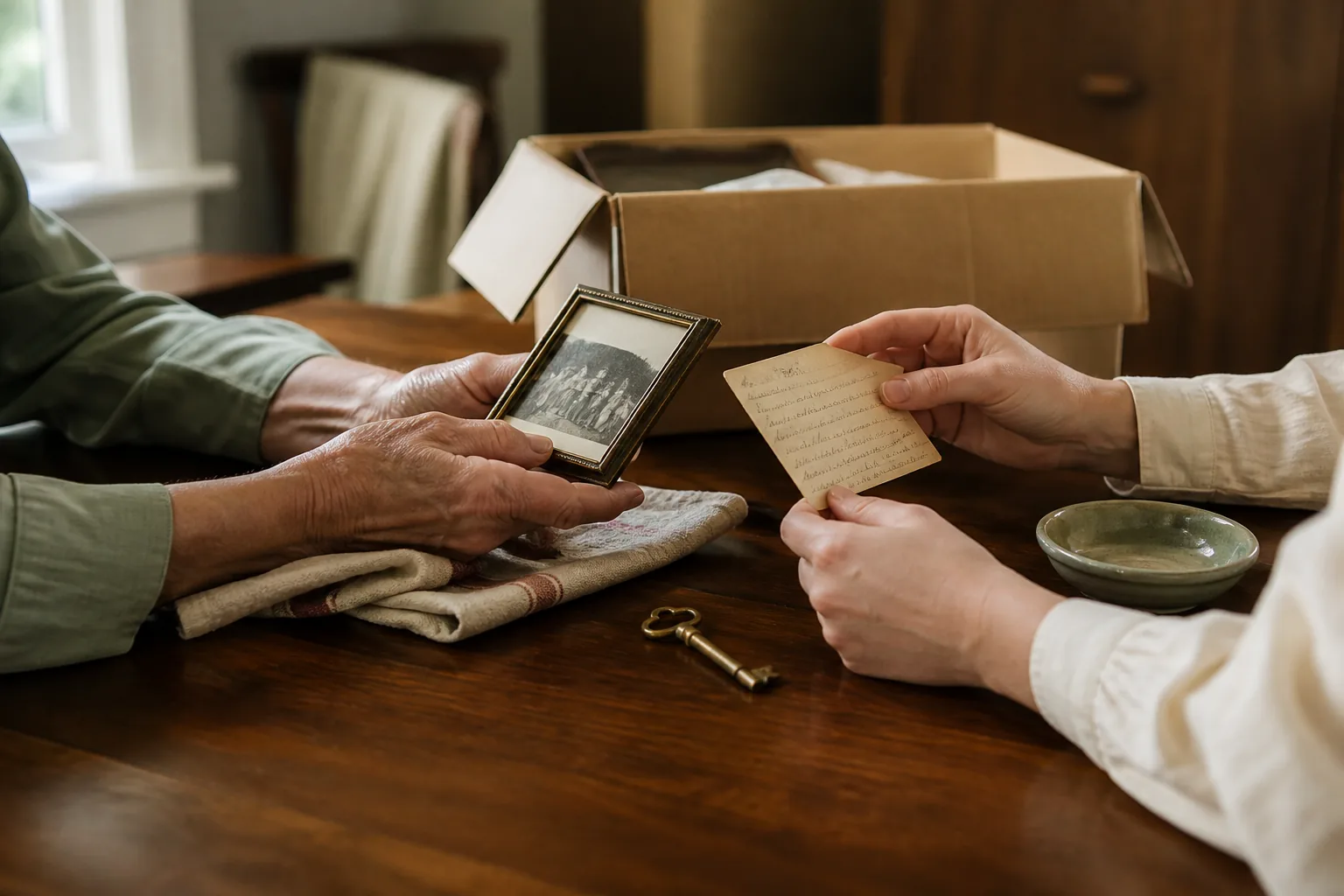 Framed family photograph, handwritten recipe and small keepsakes resting beside an inherited belongings box