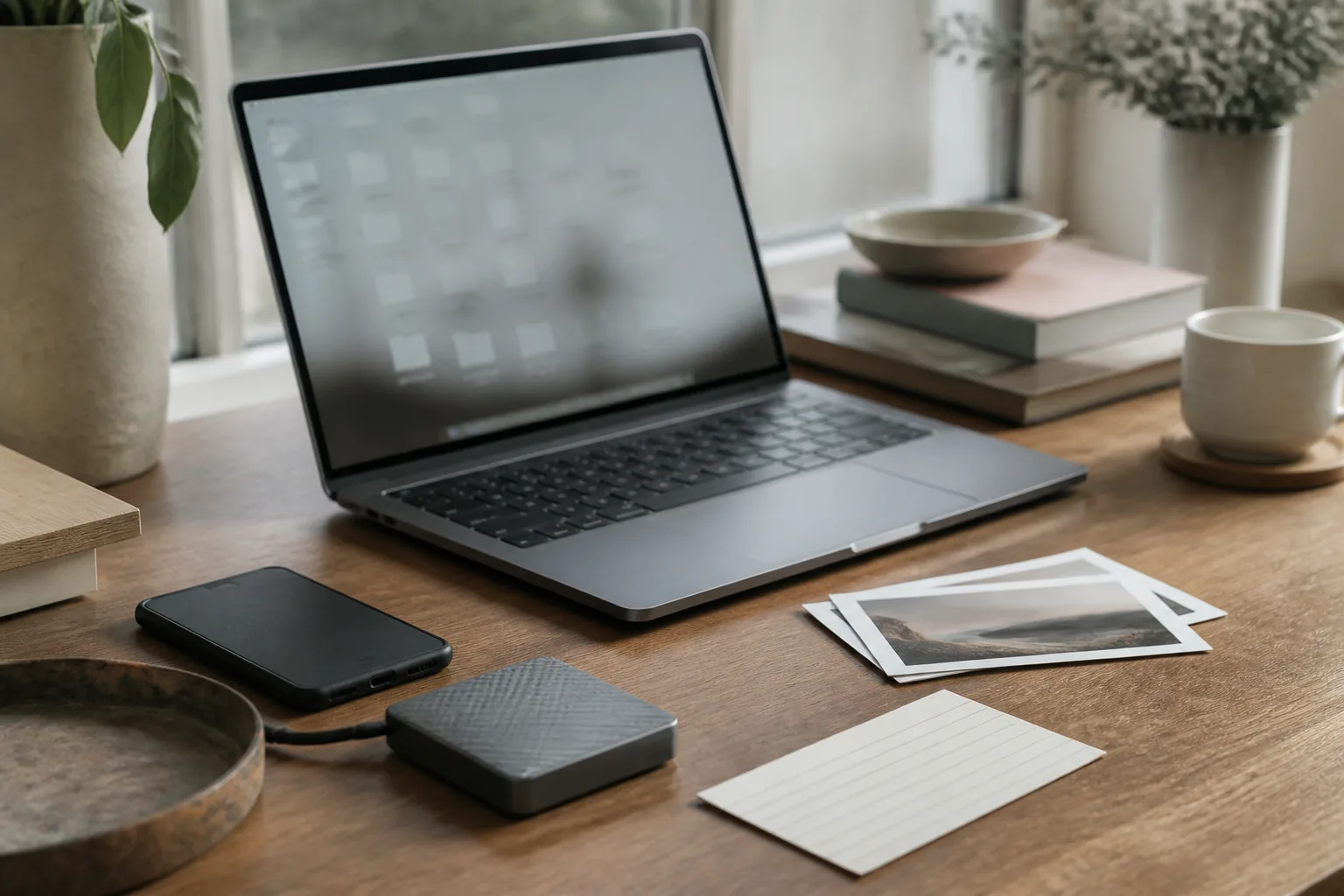 Laptop, phone, external drive, photographs, and a blank index card arranged on a warm wooden desk