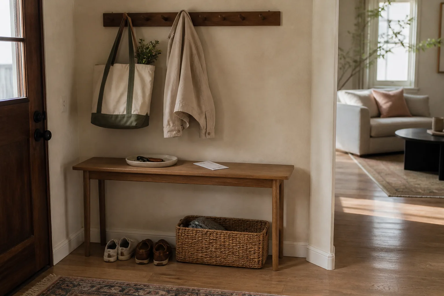 Warm entryway with a peg rail, canvas tote, jacket, key tray, shoes, and a woven basket