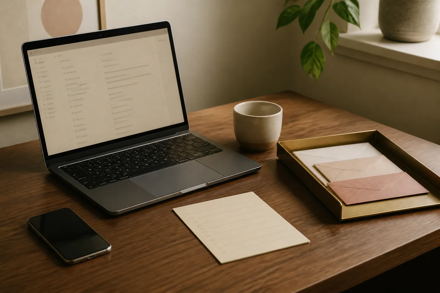 Laptop, phone, task card, ceramic cup, and brass letter tray arranged on a warm walnut desk