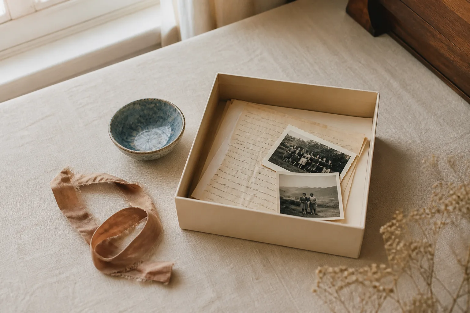 Open archival box with old family photographs, a handwritten letter, a blue ceramic bowl, and faded ribbon on ivory linen