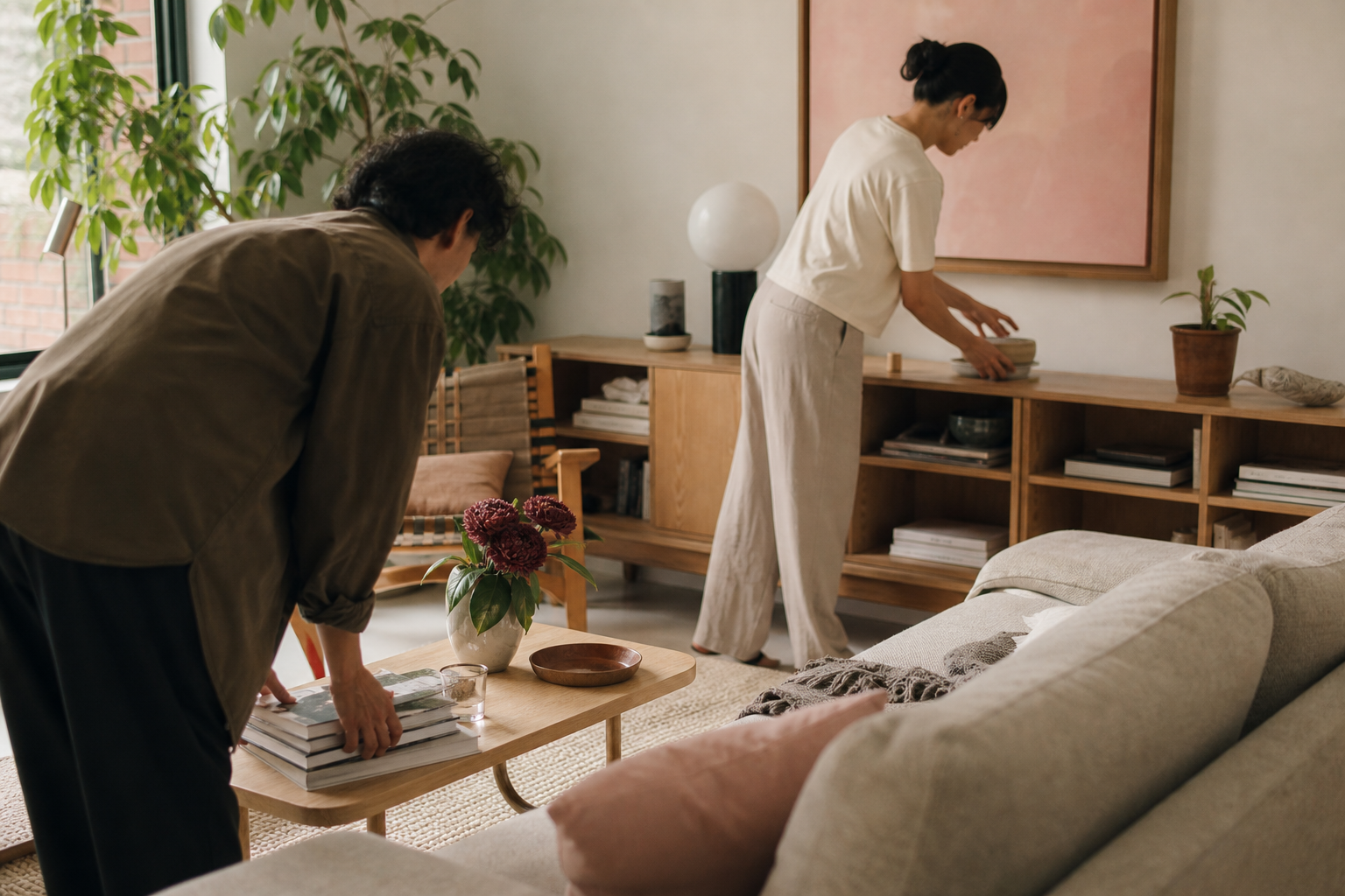 Two adults returning books and household objects to their places in a shared living room