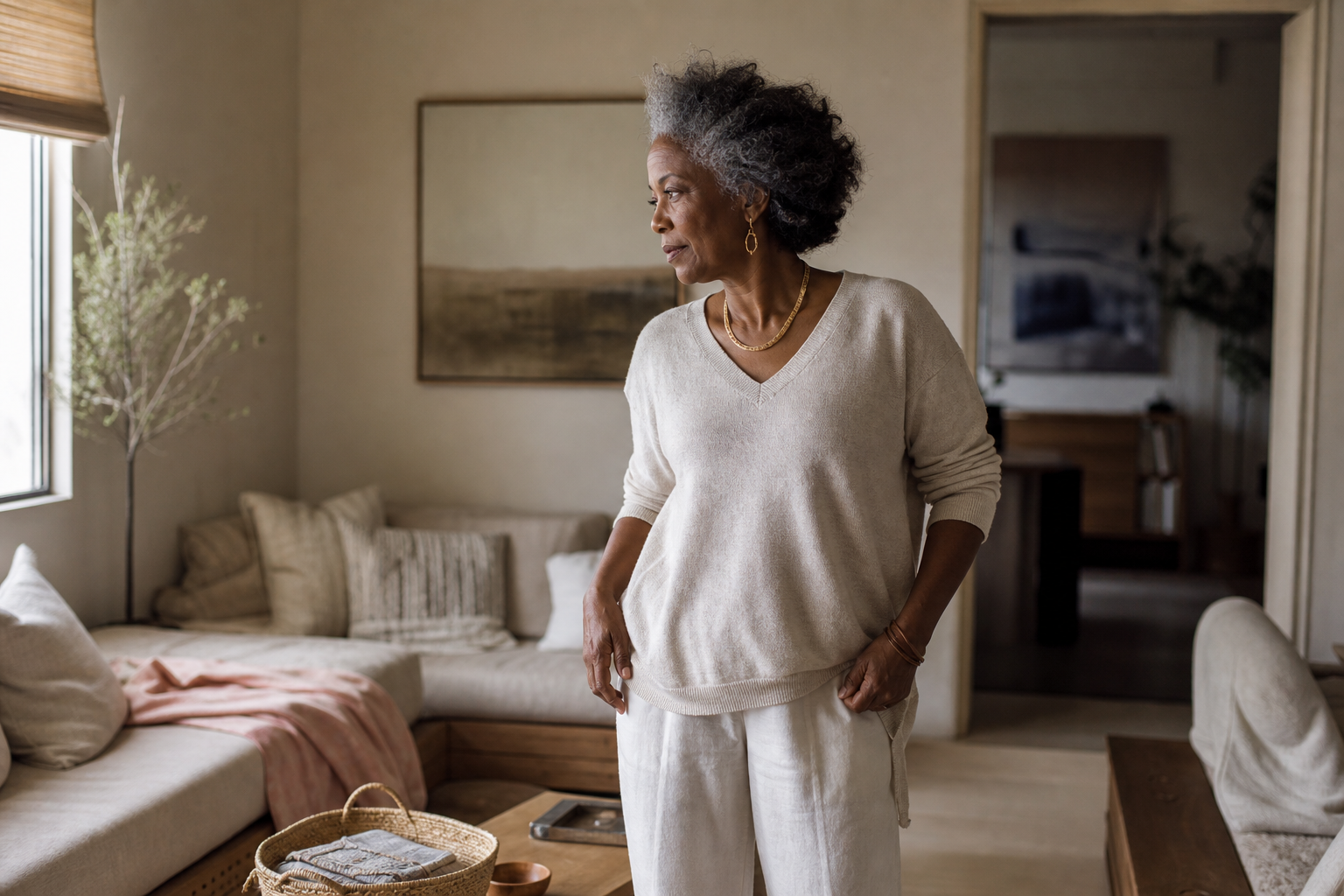 Older Black woman quietly considering a warm, lived-in room in soft window light