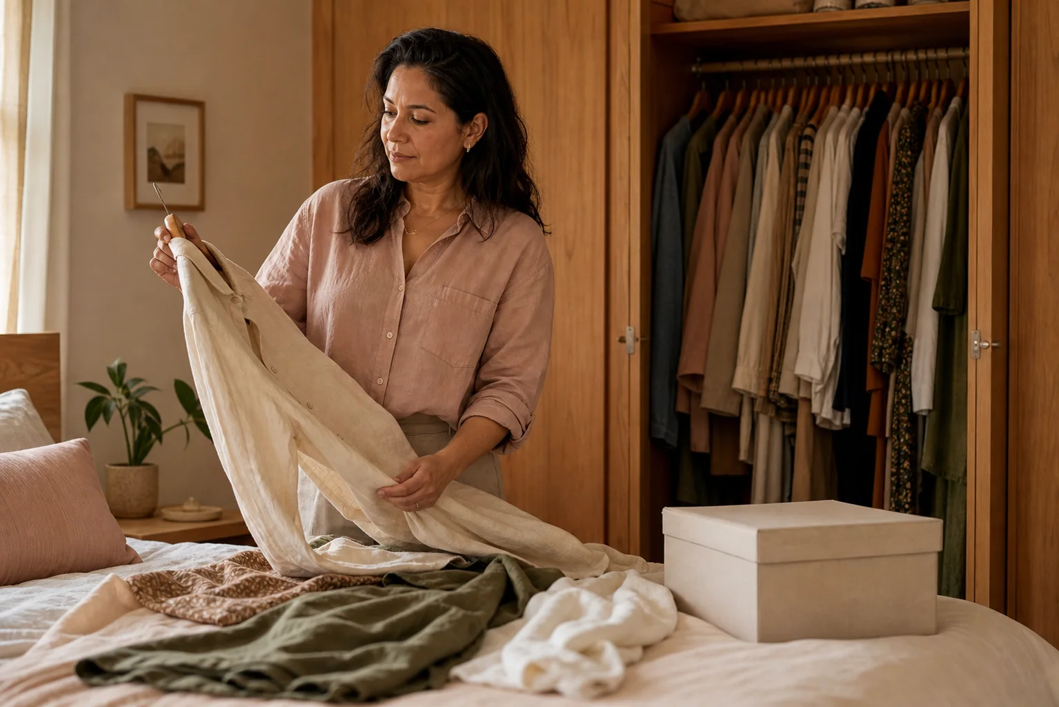 Woman considering a linen shirt beside an open wooden wardrobe