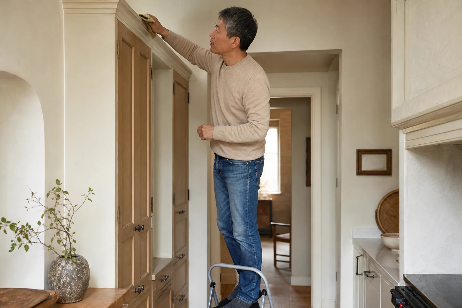 Man safely cleaning the top of a tall cabinet from a step stool