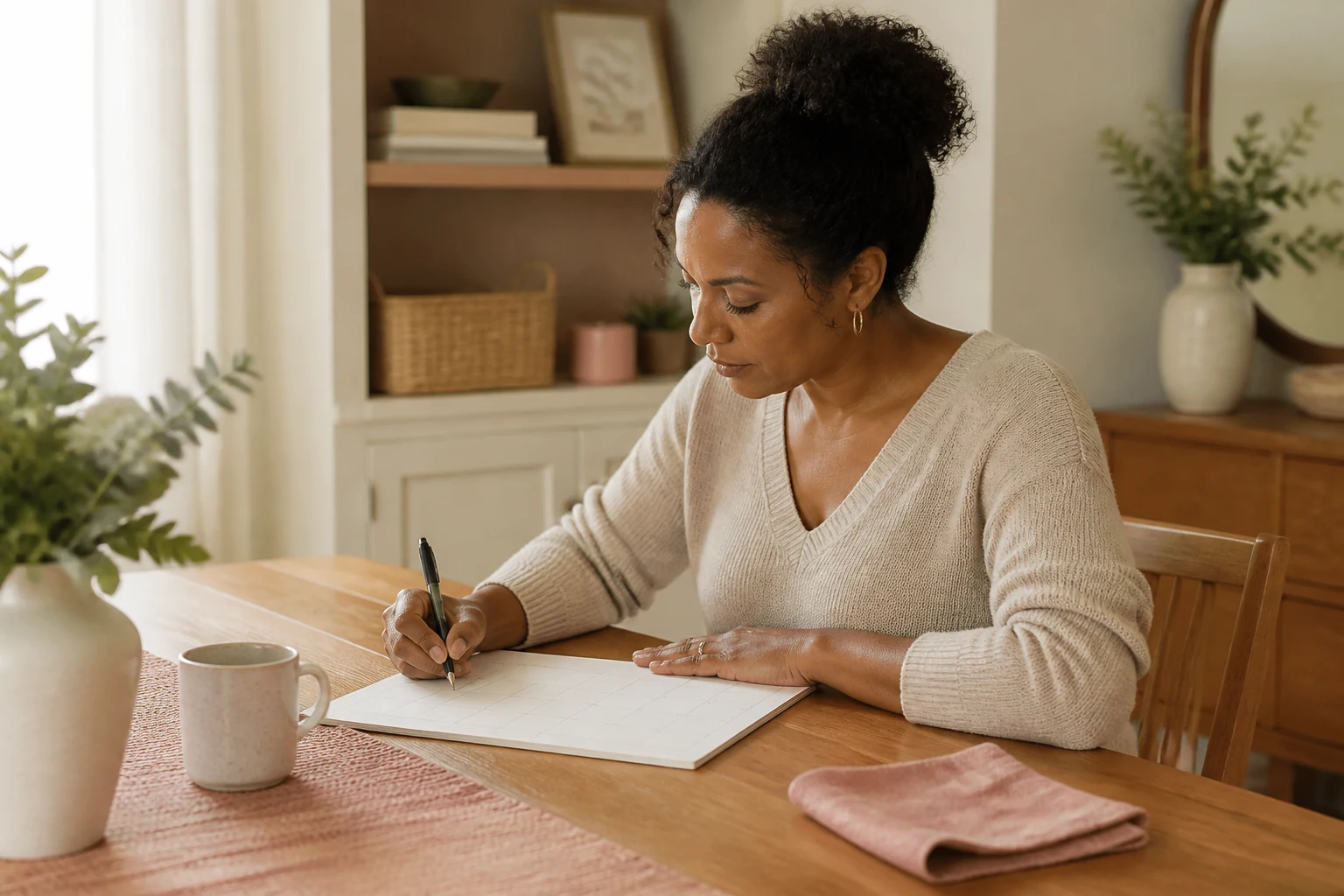 Woman writing a weekly cleaning plan at a wooden dining table