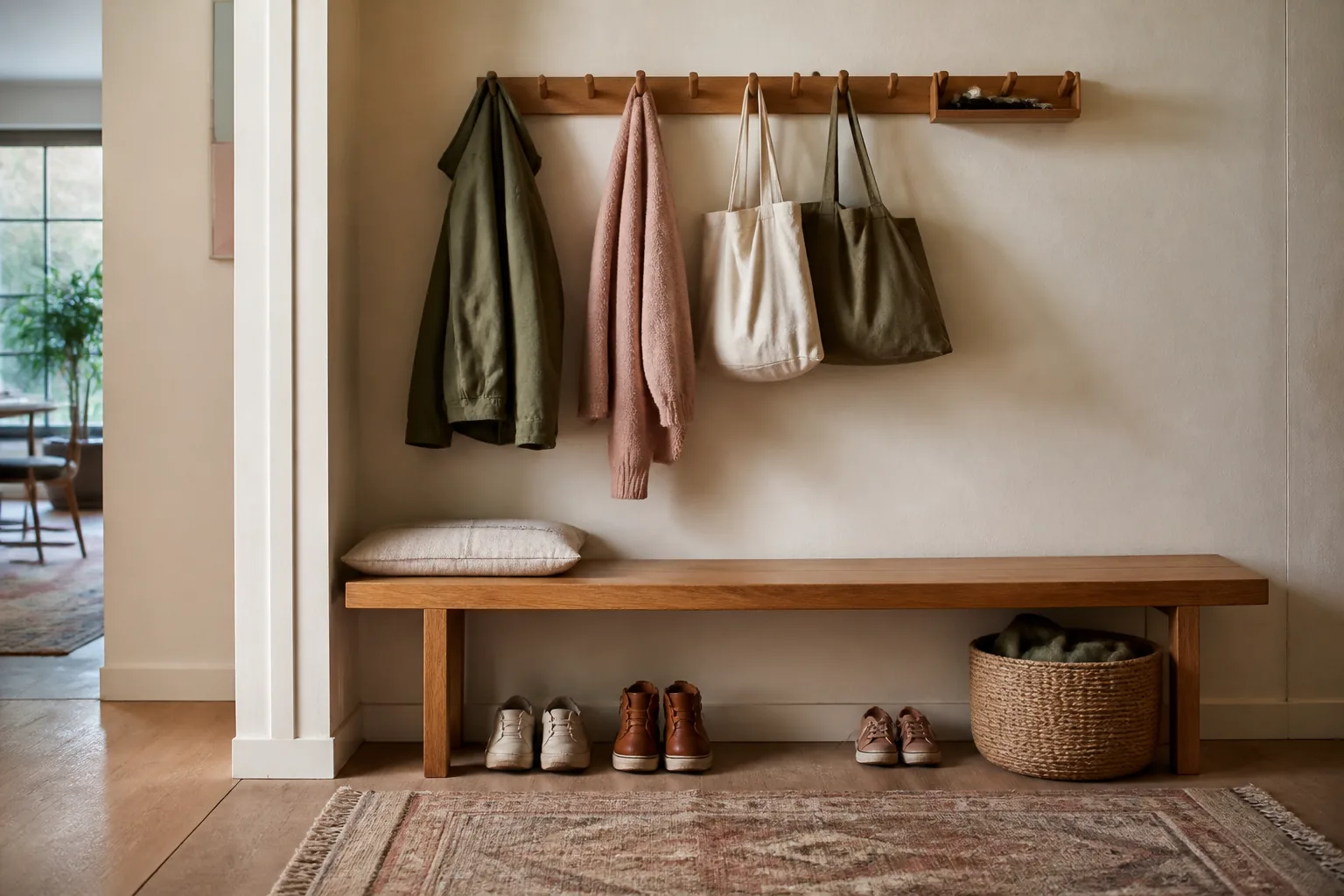 Calm entryway with coats, tote bags, shoes, a bench and a woven basket