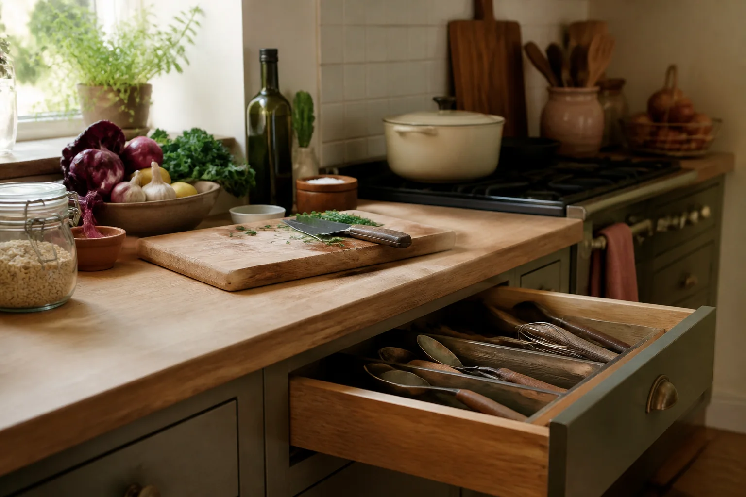 Working kitchen zone with a cutting board, vegetables and an open utensil drawer beside the stove