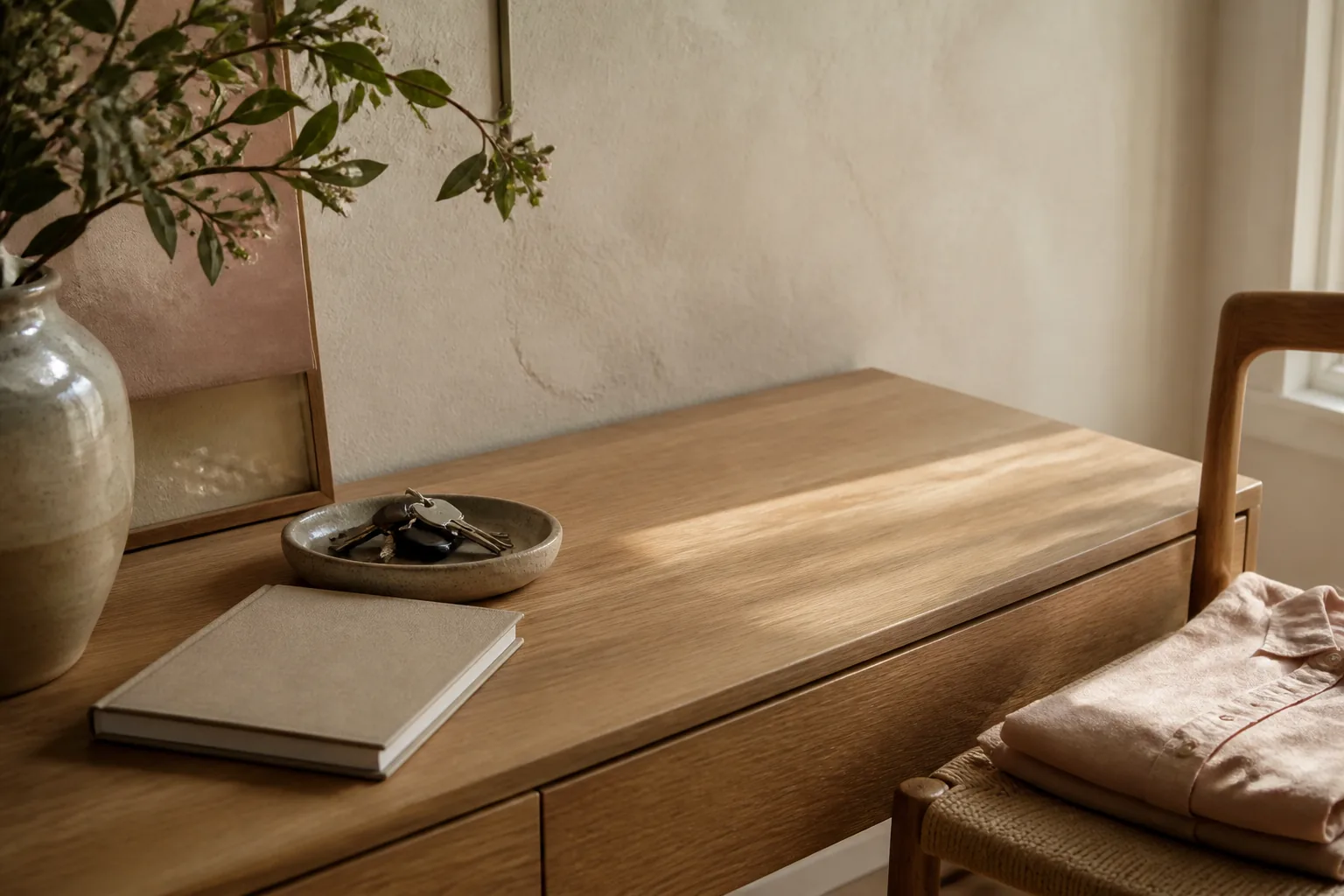 Wooden dresser with keys, a notebook, folded clothing and a vase in warm light