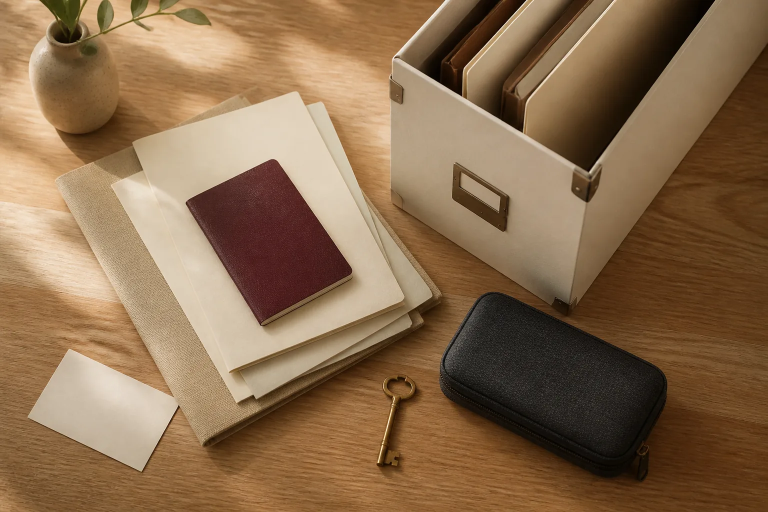 Passport, folders and a document box arranged on a wooden table