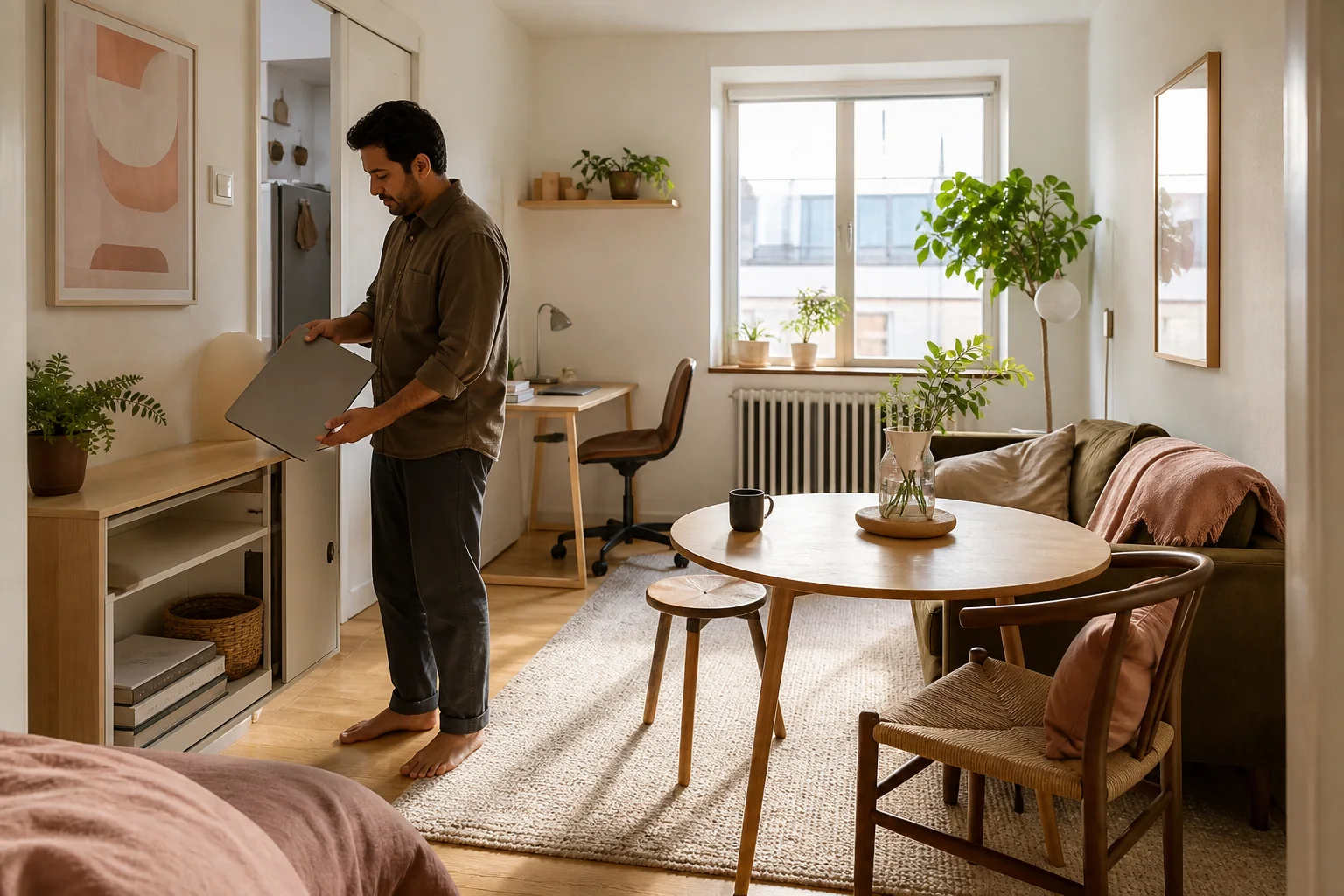 Man putting a laptop into a slim cabinet in a compact multipurpose studio apartment